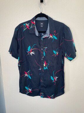 Vans Tailored Fit Mens Floral Button-Up Shirt Medium Blue collared 100% cotton